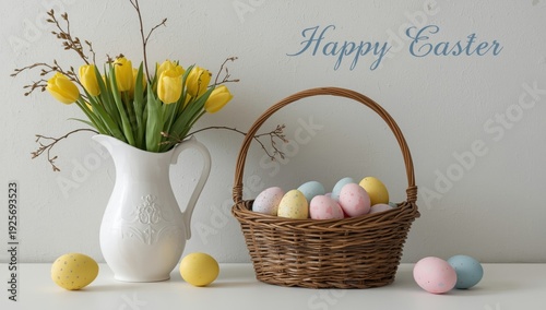 Easter still life with yellow tulips in white vase and pastel eggs in basket Happy Easter