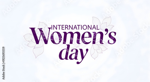 Modern Women’s Day Text Art Design with Minimal Floral pruple  Decoration and Clean White Background