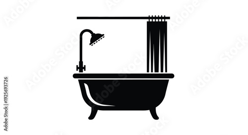 Black minimalist icon depicting a bathtub and shower a simple silhouette