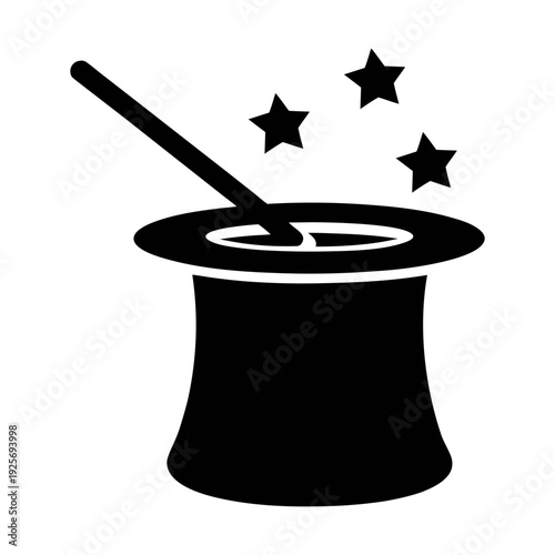 Magic trick illustration: vector graphic of a magician's hat and wand with stars for design use