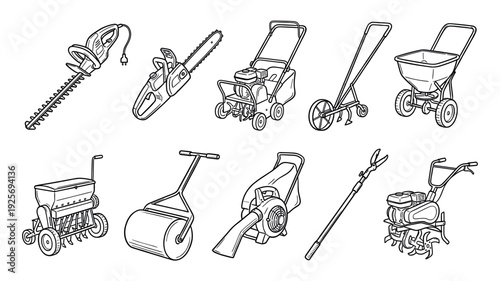 Collection of black and white garden equipment and power tools in a line art illustration style, including a chainsaw, tiller, spreader, and leaf blower