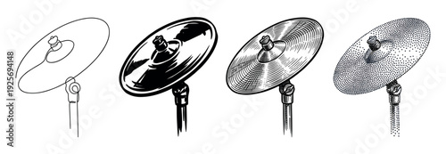 Set of four drum cymbal illustrations showcasing different artistic styles including continuous line, bold ink, detailed engraving, and stippling for musical concepts