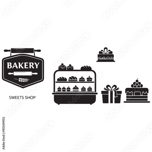 Bakery storefront illustration featuring cakes sweets and baking tools
