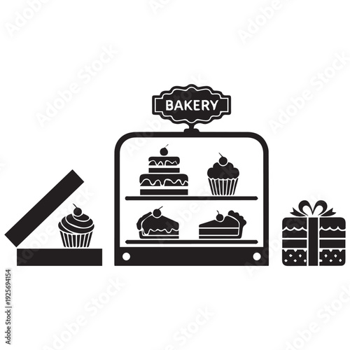 Black and white bakery display case with cakes cupcakes and gifts