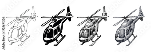 Set of four helicopter illustrations presented in various artistic styles, including a simple outline, a solid black silhouette, a vintage engraving, and a modern stippling design