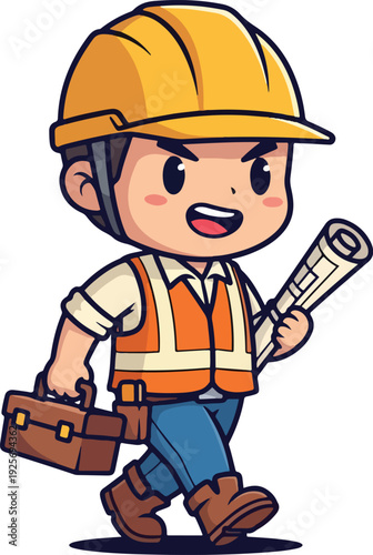 A smiling cartoon construction worker wearing a yellow safety hardhat and holding a hammer tool as a professional handyman craftsman in this vector illustration