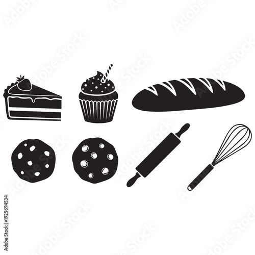 Black and white illustration of various baked goods and baking tools