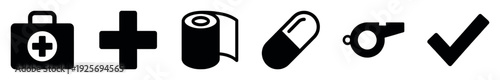 Set of black first aid icons including a medical kit, cross, bandage, pill, whistle, and checkmark, presented in a simple, graphic, and minimalist silhouette style