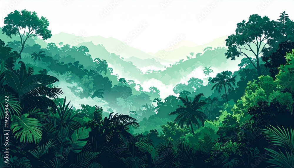 Fototapeta premium Lush Green Jungle Landscape with Rolling Hills and Mist Pixel Art Style
