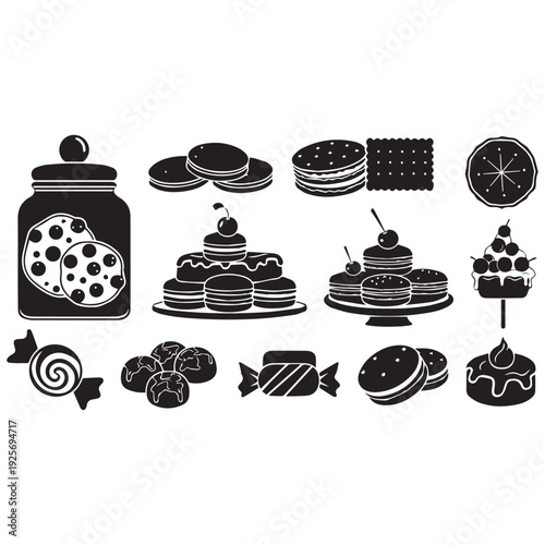 Black and white illustration of various sweet desserts and confectionery