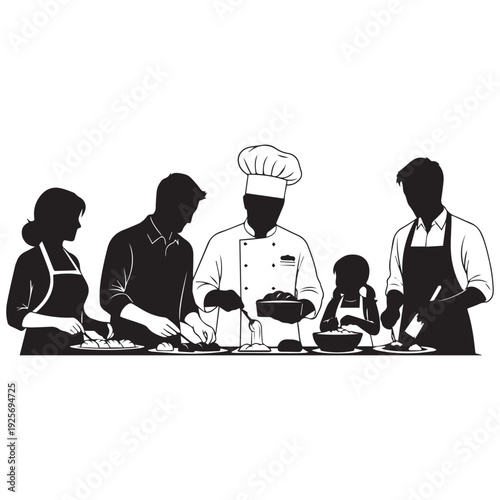 Black and white silhouette of a chef and family cooking together