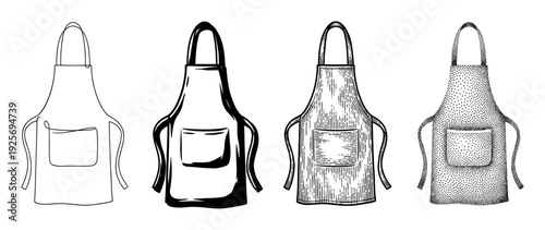 Set of four kitchen aprons illustrated in various artistic styles including line art, bold ink, vintage engraving, and stippling for culinary or crafting themes