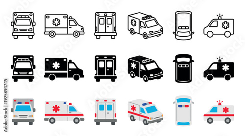 Ambulance vehicle icon set in various styles including line art, solid glyph, and flat color, showing different perspectives like front, side, top, and isometric views