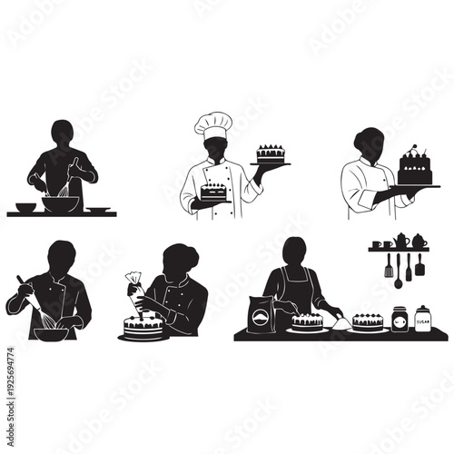 Black and white silhouettes of bakers preparing and presenting cakes