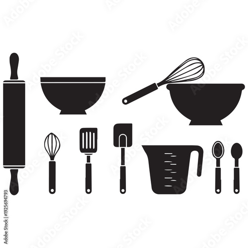 Black and white silhouettes of various baking and cooking utensils
