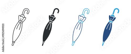 Umbrella icon set, rainy weather protection symbol, folded parasol sign, waterproof accessory vector illustration
