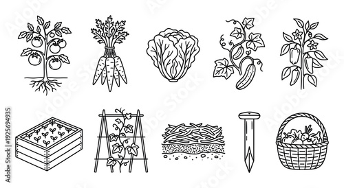 Set of black and white gardening icons showing vegetables, plants, and tools for farming, including tomato, carrot, lettuce, cucumber, pepper, a raised bed, and a harvest basket