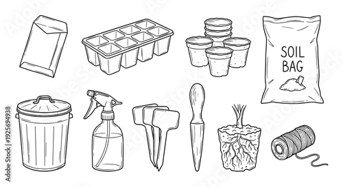 Set of hand-drawn gardening tools and supplies for planting seedlings, including a starter tray, pots, soil, and plant markers in a black and white line art illustration style