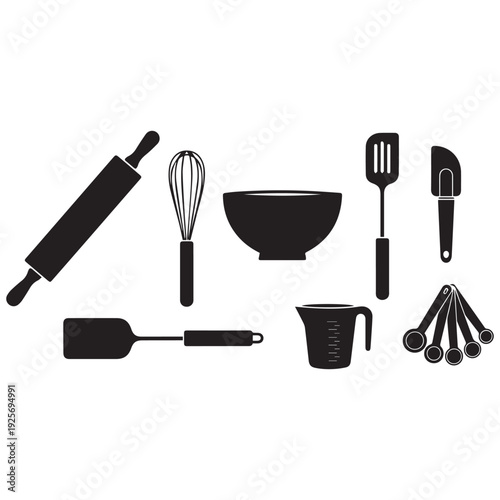 Black silhouette icons representing various baking and cooking utensils