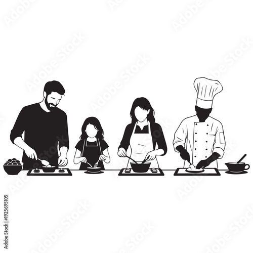 Family cooking together a silhouette illustration of a culinary scene