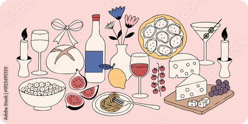 A delightful assortment of food and drink including a bottle of wine, wine glasses, a loaf of... des