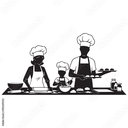 Family of bakers preparing desserts in a black and white illustration