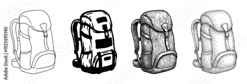 Four hiking backpack illustrations in different styles including line art, solid ink, engraving, and stippling for outdoor adventure concepts