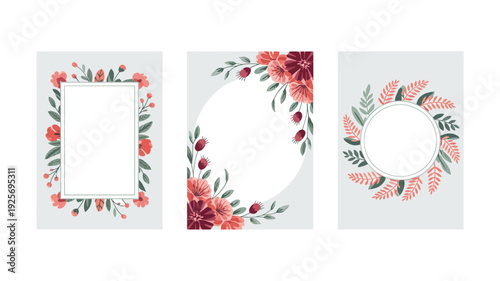 Collection of tropical herb twigs, tree branches, leaves, and floral elements for modern invitation cards, featuring dandelion flowers, fern, mistletoe, olive branches,  and decorative plant borders.