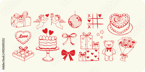 A delightful set of red hand-drawn Valentine's Day symbols including gifts, cakes, and cherubs on