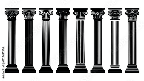 Collection of classical Greek, columns and architectural pillars, showcasing elegant facades, decorative details, and historic design elements for vector illustrations, and creative projects