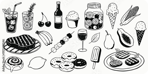 A diverse assortment of hand-drawn food and drink featuring grilled steak, corn on the cob, ice... d