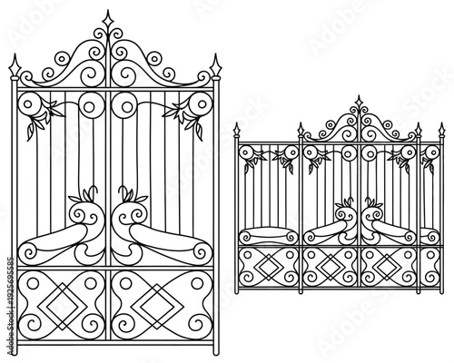 Ornamental iron, open gate illustration in black and white isolated style, showcasing decorative steel entrance design suitable for architectural visuals, security concepts, and luxury property theme.