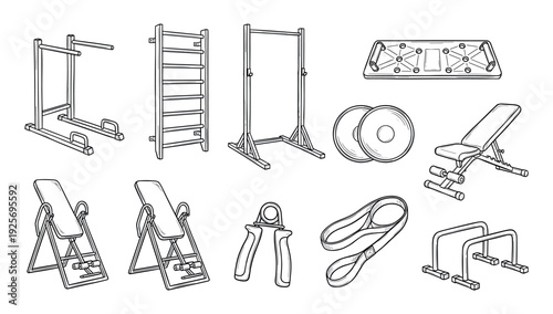 Collection of hand-drawn gym equipment for fitness and strength training, including a pull-up bar, weight bench, wall bars, and inversion table in a clean sketch illustration style