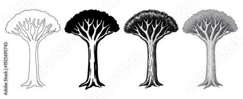 Set of four stylized tree illustrations showing different artistic techniques like line art, silhouette, engraving, and stippling in a black and white graphic design collection