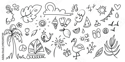 summer beach hand drawn doodle vector elements on white, black line summer beach doodle icons on white, hand drawn summer vacation doodle elements set