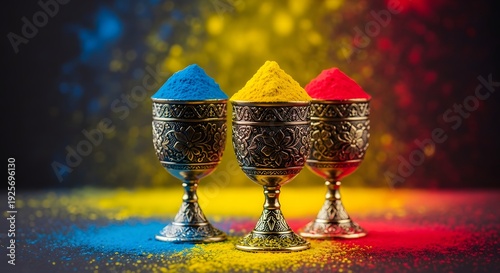 Vibrant holi celebration with colorful powder in glasses