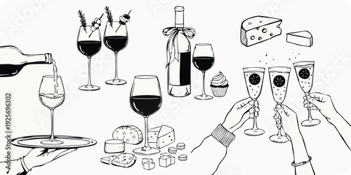 Black and white of a wine tasting party with cheese and cocktails