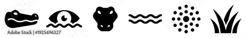 Set of black minimalist icons featuring a crocodile head, eye, water waves, splash, and grass, representing a swamp or wildlife theme in a simple graphic style