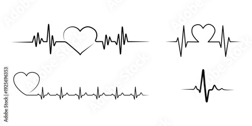 Set of stylized heart icons with subtle electrocardiogram lines, conveying health and love in a modern design