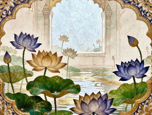 Lotus flowers in a pond, Indian Mughal miniature style with decorative frame.