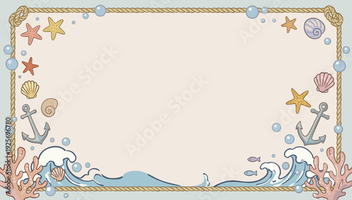 Vector decorative frame in marine style with various colorful sealife elements