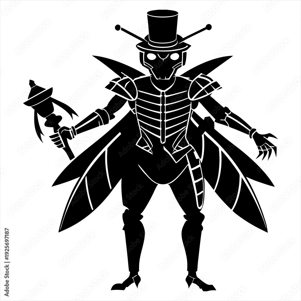 Obraz premium Warrior Robotic Steampunk Grasshopper Silhouette Vector Art Illustration