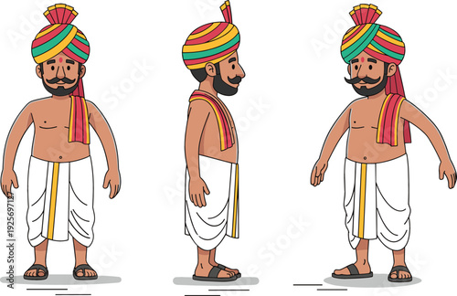 Traditional Indian Man in Dhoti and Colorful Turban Illustration Set with Front, Side, and Three-Quarter Views, Mustache Lungi Style Attire for Cultural, Festival, and Heritage Designs