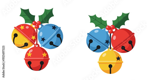 Colorful christmas bells with holly berries and festive decorations
