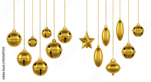 Golden christmas bells and star ornaments hanging on delicate strings