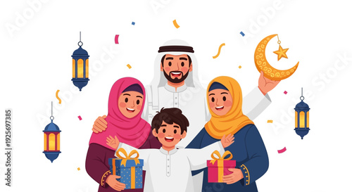 A muslim family celebrating with gifts and traditional ramadan decorations