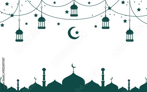 Ramadan Kareem and Eid Mubarak Arabian lamp lanterns decorations, vector background. Islam holiday Muslim ornament of golden stars, crescent moon and hanging lantern lamps for Ramadan Kareem