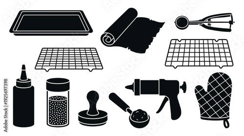Collection of black baking tool silhouettes including a baking sheet, cooling rack, cookie scoop, and oven mitt in a flat graphic illustration style