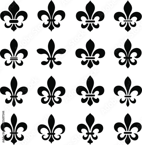 A grid of sixteen black fleur-de-lis symbols with various intricate designs on a white background, showcasing heraldic and decorative patterns.