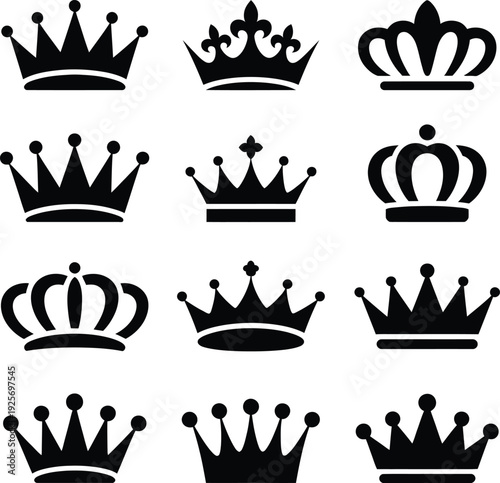 A collection of black silhouette crowns in various styles, representing royalty, power, and historical regalia.